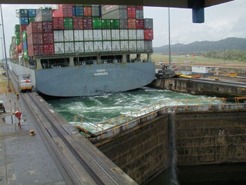 panamax ship leaving lock